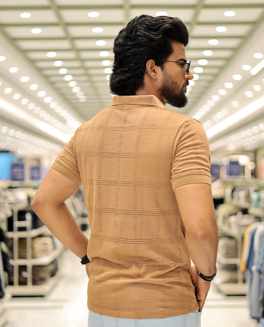 Khaki Corduroy T-Shirt Comes with a Checked Texture, a Polo Neck, Half-Sleeves, a Slim Fit, and Regular Length