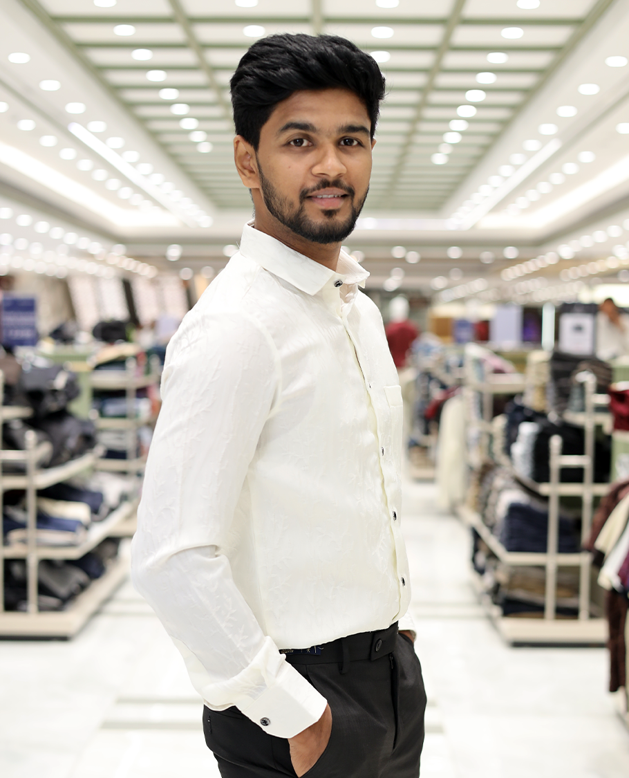 White Cotton-Blended Party Wear Shirt, Comes with Floral Vine Texture, Full Sleeves, a Spread Collar, a Slim Fit, and Regular Length