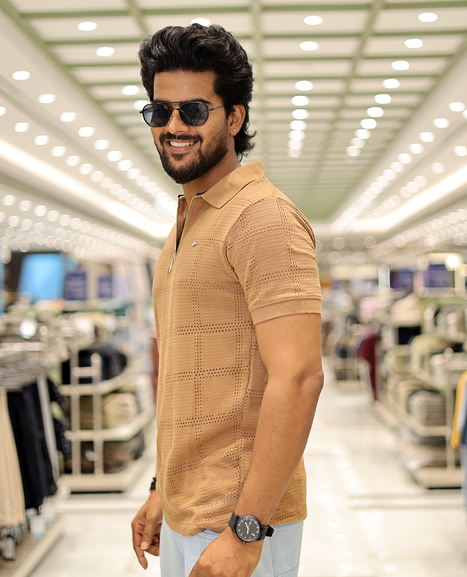 Khaki Corduroy T-Shirt Comes with a Checked Texture, a Polo Neck, Half-Sleeves, a Slim Fit, and Regular Length