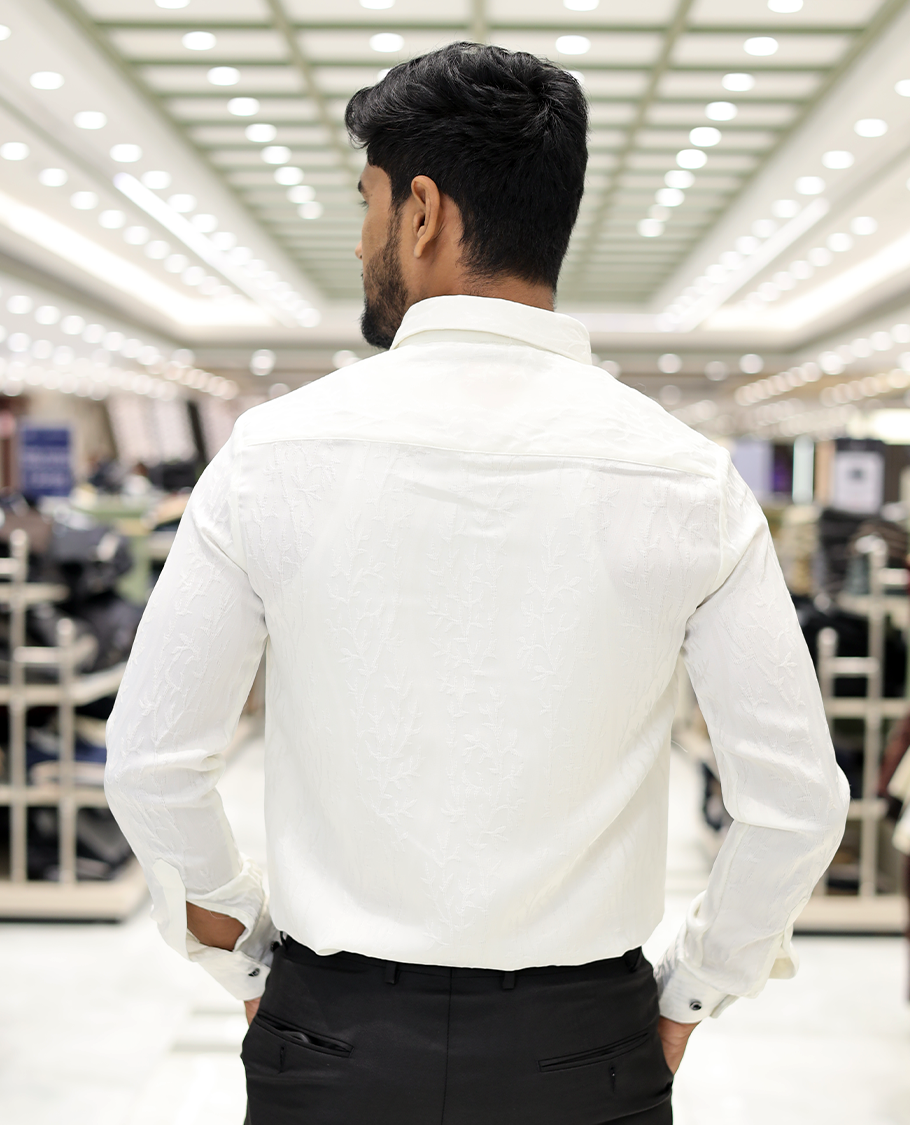 White Cotton-Blended Party Wear Shirt, Comes with Floral Vine Texture, Full Sleeves, a Spread Collar, a Slim Fit, and Regular Length