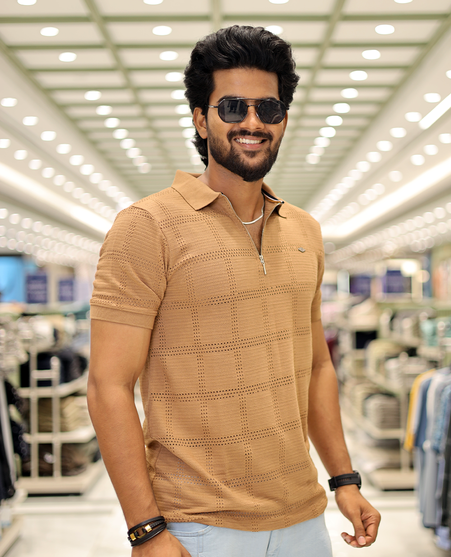 Khaki Corduroy T-Shirt Comes with a Checked Texture, a Polo Neck, Half-Sleeves, a Slim Fit, and Regular Length
