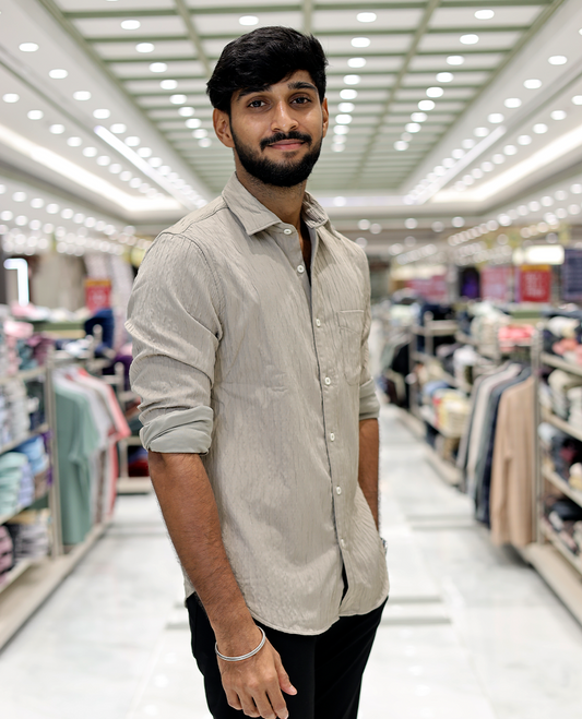 Beige Crushed Cotton-Blended Casual Shirt Features Full Sleeves, a Spread Collar, a Slim Fit, and Regular Length