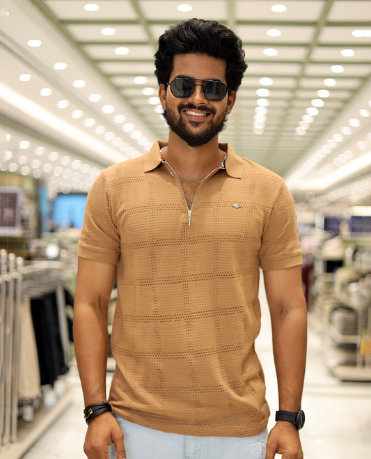 Khaki Corduroy T-Shirt Comes with a Checked Texture, a Polo Neck, Half-Sleeves, a Slim Fit, and Regular Length