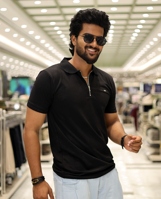 Black Textured Cotton-Blended Laser-Cut T-Shirt Comes with Half-Sleeves, a Polo Neck, a Slim Fit, and Regular Length