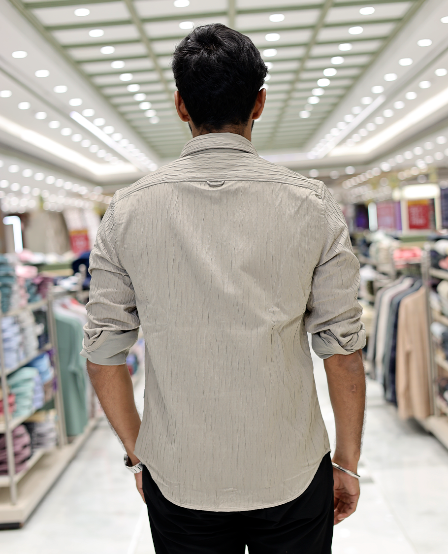 Beige Crushed Cotton-Blended Casual Shirt Features Full Sleeves, a Spread Collar, a Slim Fit, and Regular Length