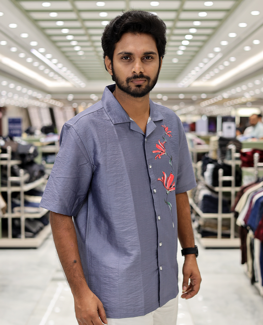 Grey Poly-Blended Causal Shirt, Comes with Floral Print, Half Sleeves, a Cuban Collar, a Boxy Fit, and Regular Length