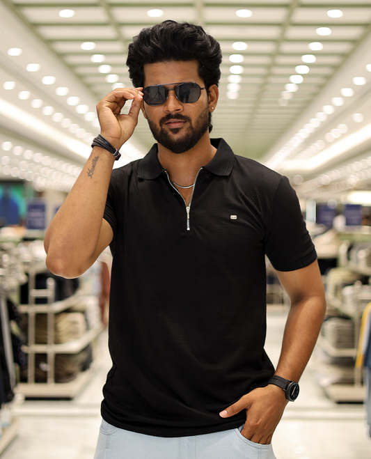 Black Textured Cotton-Blended Laser-Cut T-Shirt Comes with Half-Sleeves, a Polo Neck, a Slim Fit, and Regular Length