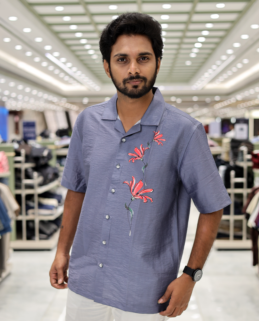 Grey Poly-Blended Causal Shirt, Comes with Floral Print, Half Sleeves, a Cuban Collar, a Boxy Fit, and Regular Length