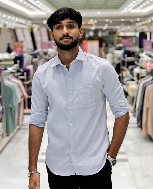 Grey Crushed Cotton-Blended Casual Shirt Features Full Sleeves, a Spread Collar, a Slim Fit, and Regular Length