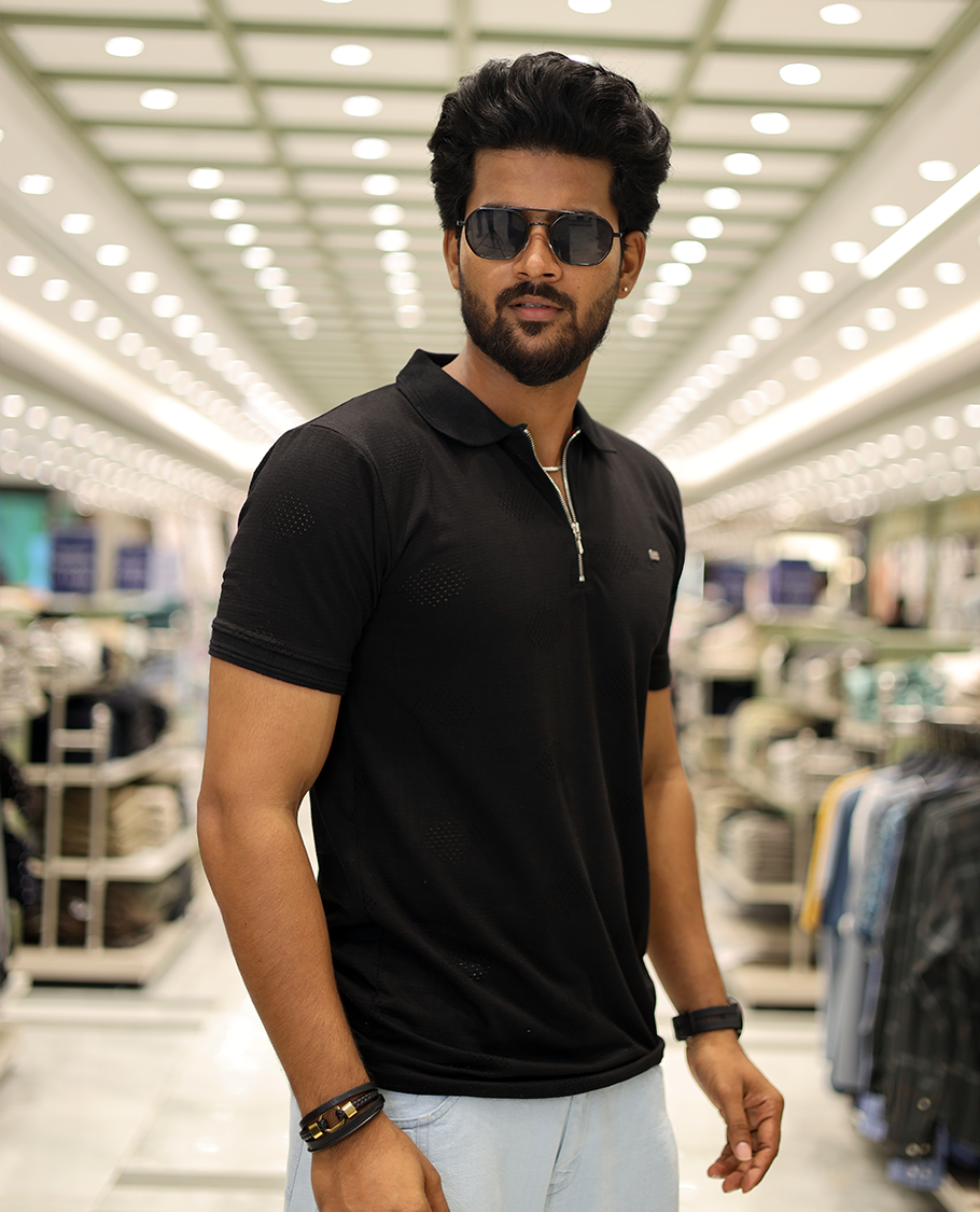 Black Textured Cotton-Blended Laser-Cut T-Shirt Comes with Half-Sleeves, a Polo Neck, a Slim Fit, and Regular Length