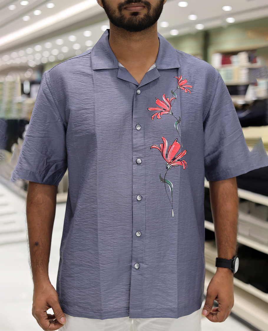 Grey Poly-Blended Causal Shirt, Comes with Floral Print, Half Sleeves, a Cuban Collar, a Boxy Fit, and Regular Length