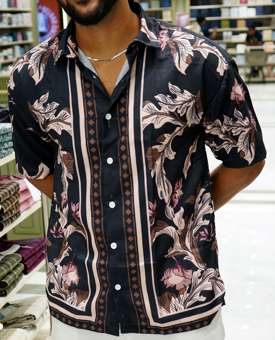 Blue Cotton-Blended Casual Shirt Features Intricate Floral Print, Full Sleeves, a Spread Collar, a Slim Fit, and a Regular Length
