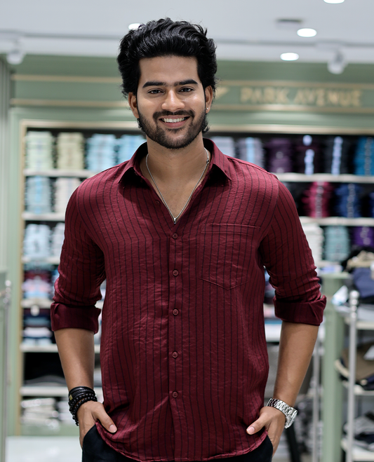 Maroon Striped Poly-Blended Formal Shirt Comes with Full Sleeves, a Spread Collar, a Slim Fit, and a Regular Length