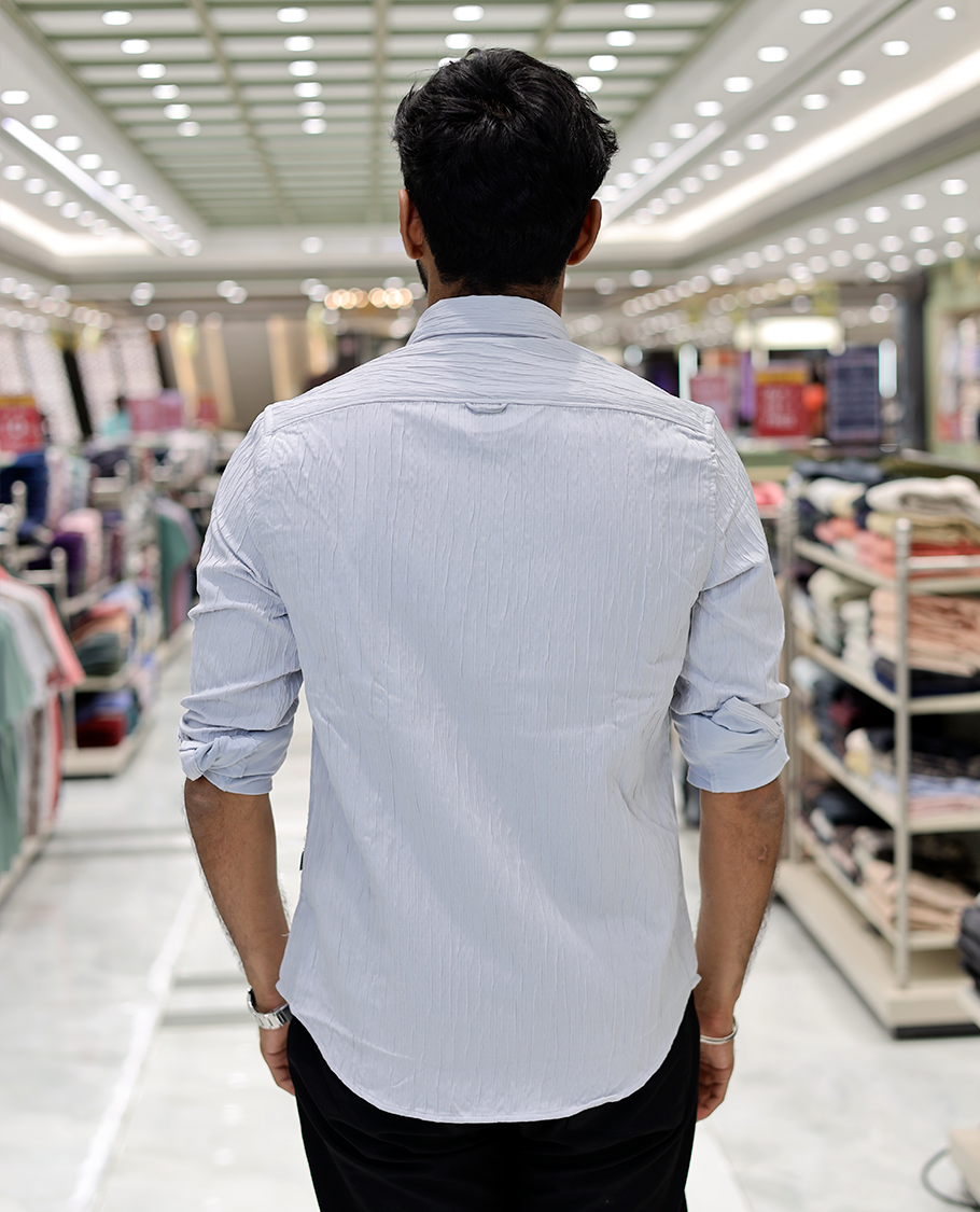Grey Crushed Cotton-Blended Casual Shirt Features Full Sleeves, a Spread Collar, a Slim Fit, and Regular Length