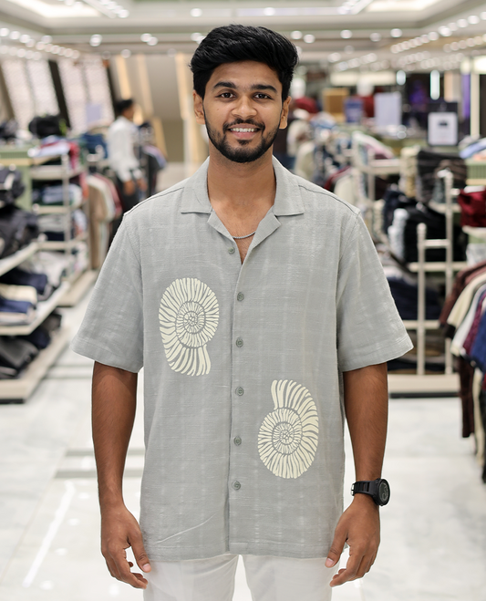Grey Poly-Blended Causal Shirt, Comes with Shell Motifs Print, Half Sleeves, a Cuban Collar, a Boxy Fit, and Regular Length