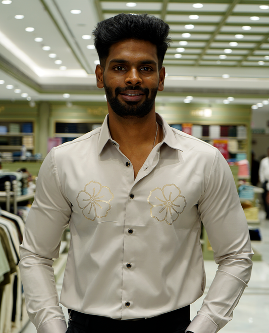 Cream Designer Party Wear Shirt Features Flower Work, a Spread Collar, Full Sleeves, a Slim Fit, and Regular Length
