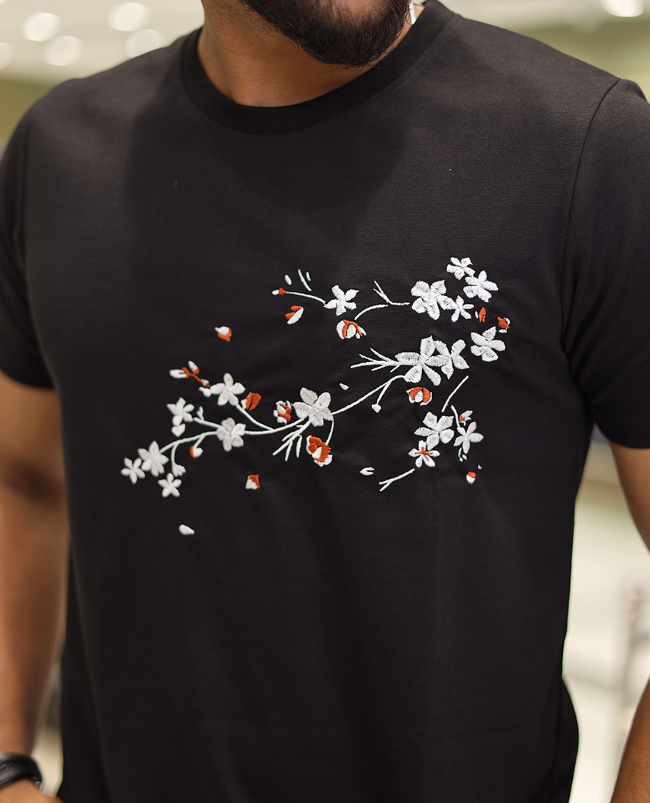 Black Cotton-Blended T-Shirt Comes with Floral Embroidered Motifs, Half-Sleeves, a Crew Neck, a Slim Fit, and Regular Length
