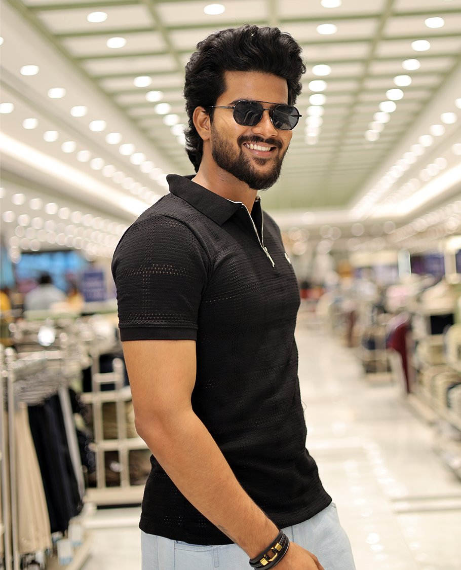 Black Corduroy T-Shirt Comes with a Checked Texture, a Polo Neck, Half-Sleeves, a Slim Fit, and Regular Length