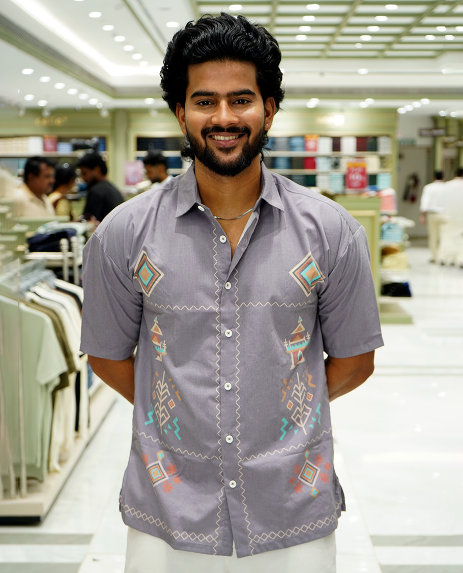 Grey Cotton-Blended Casual Shirt Features Unique Motifs Print, Full Sleeves, a Spread Collar, a Slim Fit, and a Regular Length