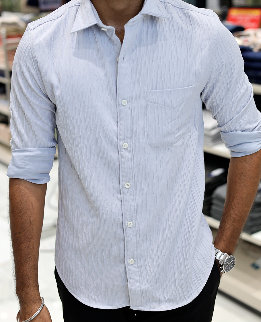 Grey Crushed Cotton-Blended Casual Shirt Features Full Sleeves, a Spread Collar, a Slim Fit, and Regular Length