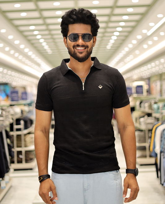 Black Corduroy T-Shirt Comes with a Checked Texture, a Polo Neck, Half-Sleeves, a Slim Fit, and Regular Length
