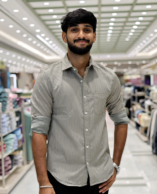 Cream Crushed Cotton-Blended Casual Shirt Features Full Sleeves, a Spread Collar, a Slim Fit, and Regular Length