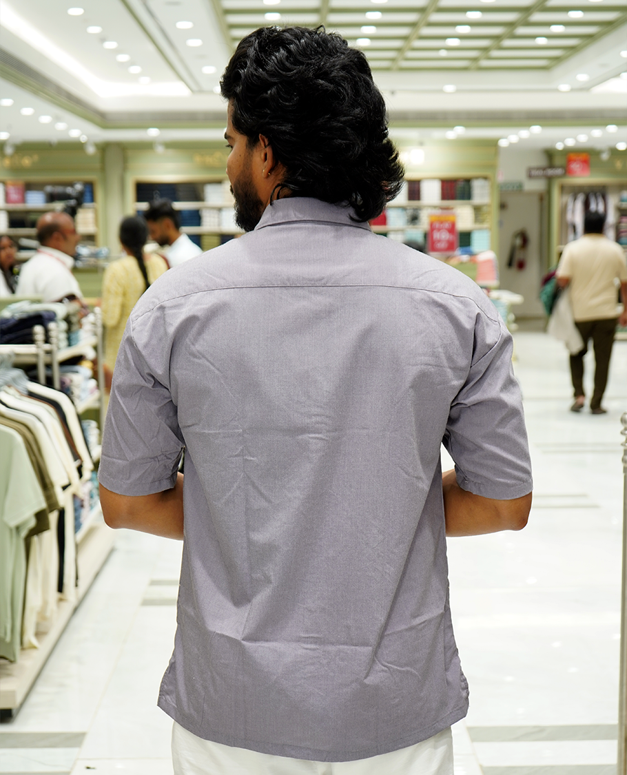 Grey Cotton-Blended Casual Shirt Features Unique Motifs Print, Full Sleeves, a Spread Collar, a Slim Fit, and a Regular Length