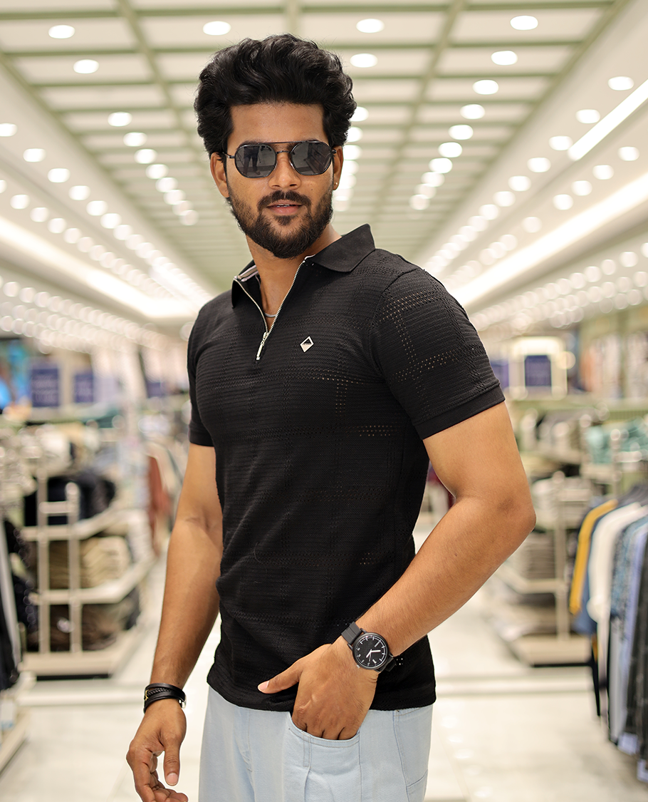 Black Corduroy T-Shirt Comes with a Checked Texture, a Polo Neck, Half-Sleeves, a Slim Fit, and Regular Length