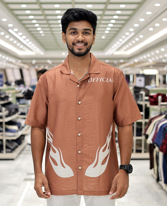 Brown Poly-Blended Causal Shirt, Comes with Fire Motifs Print, Half Sleeves, a Cuban Collar, a Boxy Fit, and Regular Length