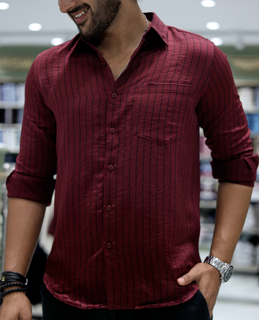 Maroon Striped Poly-Blended Formal Shirt Comes with Full Sleeves, a Spread Collar, a Slim Fit, and a Regular Length