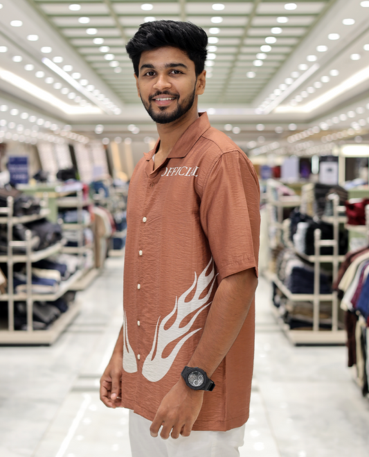 Brown Poly-Blended Causal Shirt, Comes with Fire Motifs Print, Half Sleeves, a Cuban Collar, a Boxy Fit, and Regular Length