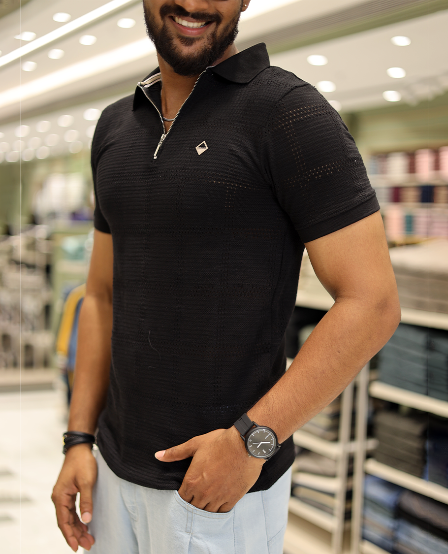 Black Corduroy T-Shirt Comes with a Checked Texture, a Polo Neck, Half-Sleeves, a Slim Fit, and Regular Length