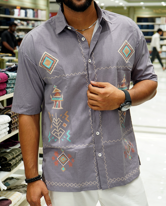 Grey Cotton-Blended Casual Shirt Features Unique Motifs Print, Full Sleeves, a Spread Collar, a Slim Fit, and a Regular Length