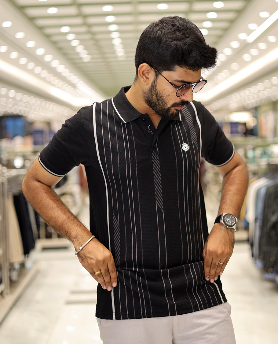 Black Striped Cotton-Blended T-Shirt Comes with Half-Sleeves, a Polo Neck, a Slim Fit, and Regular Length