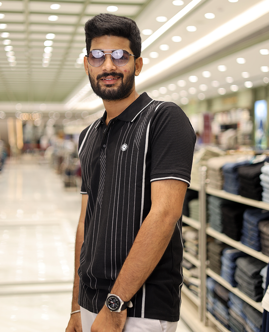 Black Striped Cotton-Blended T-Shirt Comes with Half-Sleeves, a Polo Neck, a Slim Fit, and Regular Length