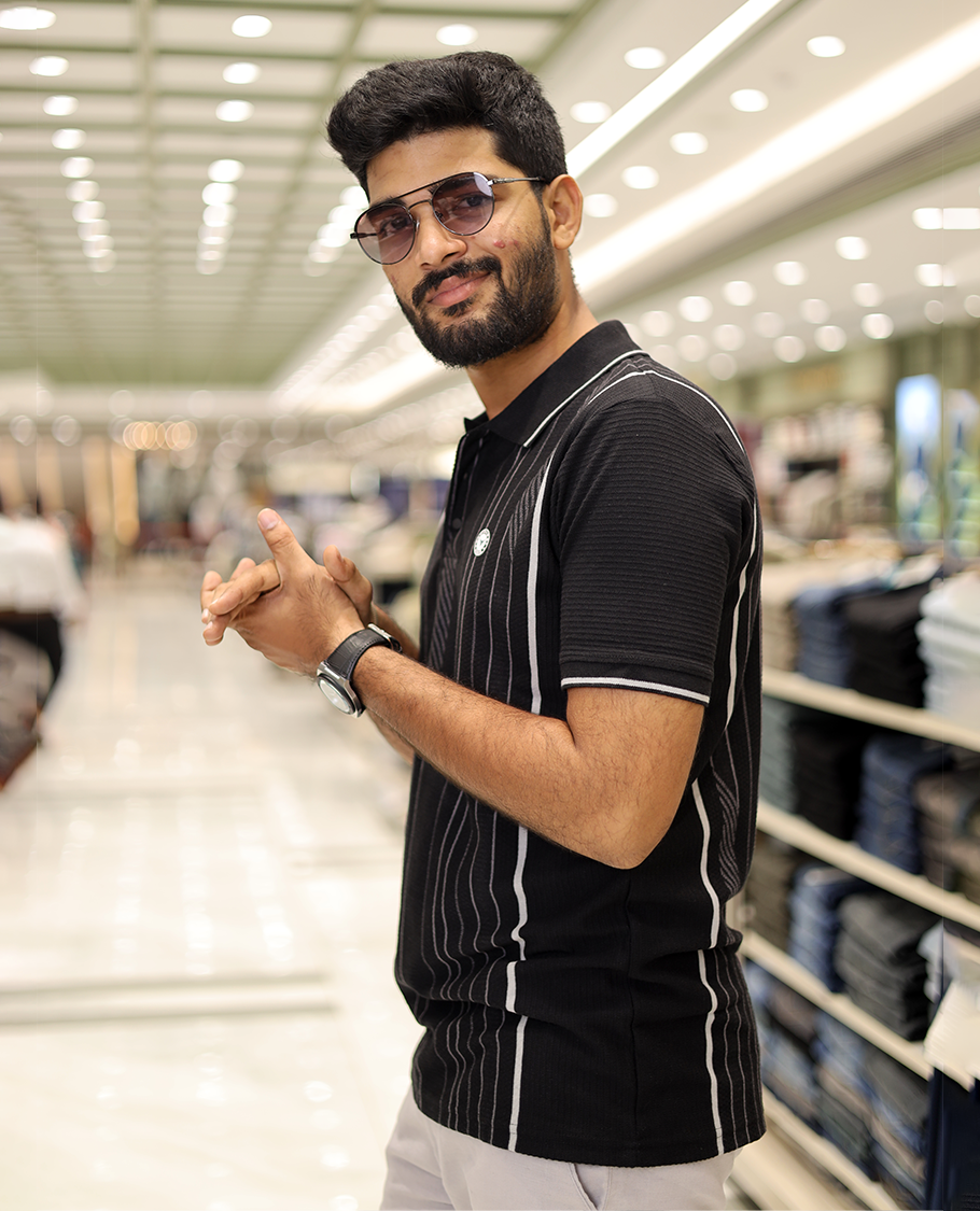 Black Striped Cotton-Blended T-Shirt Comes with Half-Sleeves, a Polo Neck, a Slim Fit, and Regular Length