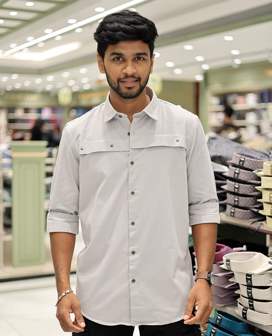 Light Grey Cotton-Blended Casual Shirt Features Life-Quotes Backprint, Full-Sleeves, a Spread Collar, a Regular Fit, and a Regular Length