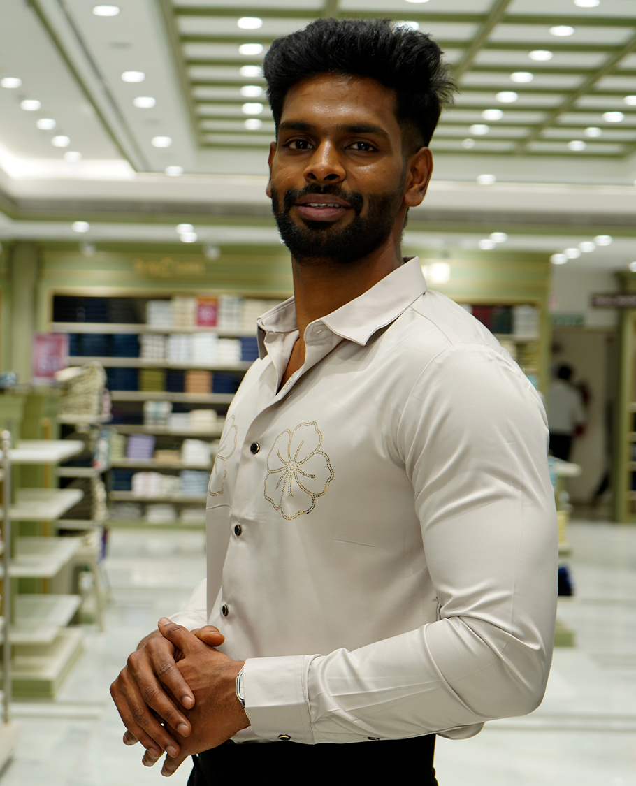 Cream Designer Party Wear Shirt Features Flower Work, a Spread Collar, Full Sleeves, a Slim Fit, and Regular Length