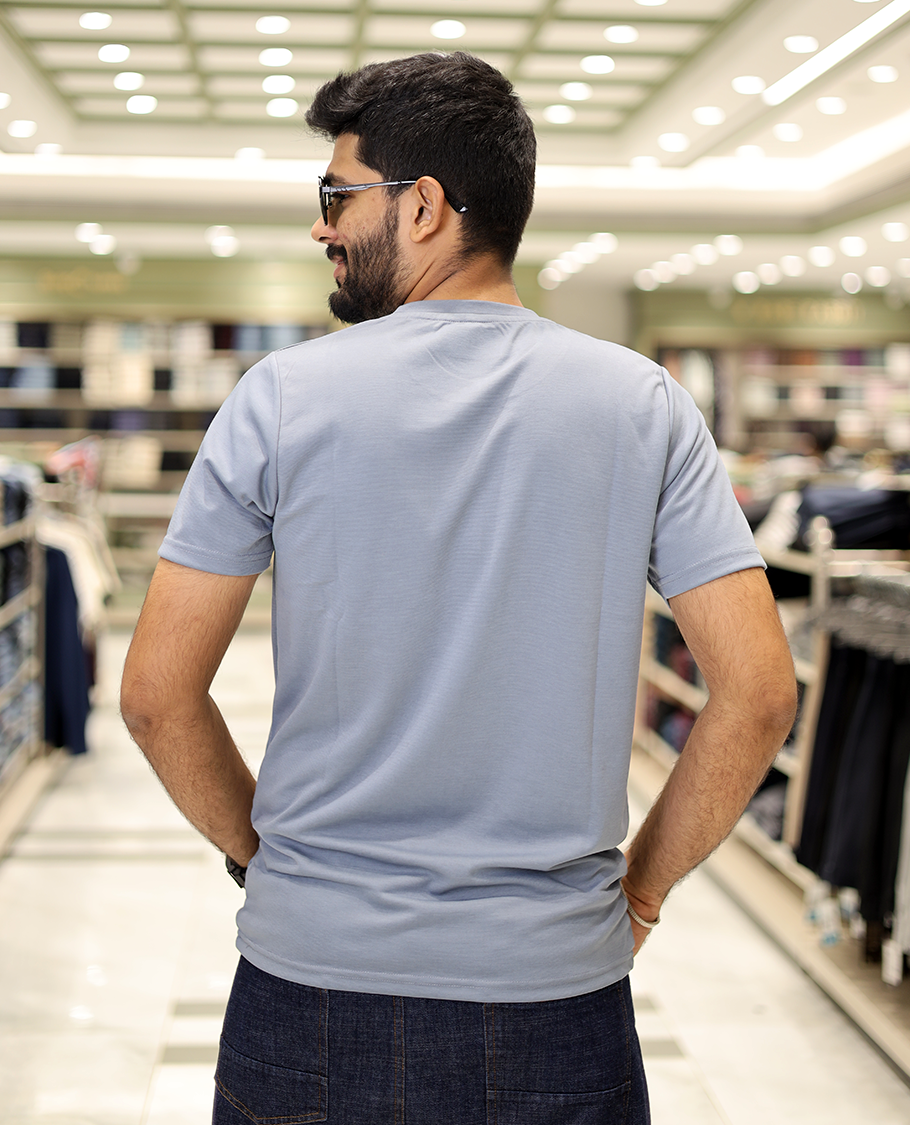 Airforce Blue Cotton-Blended T-Shirt Comes with Floral Embroidered Motifs, Half-Sleeves, a Crew Neck, a Slim Fit, and Regular Length