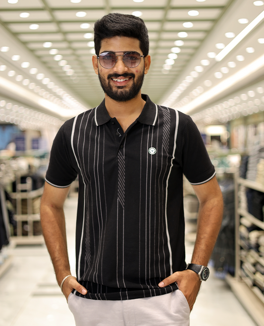 Black Striped Cotton-Blended T-Shirt Comes with Half-Sleeves, a Polo Neck, a Slim Fit, and Regular Length