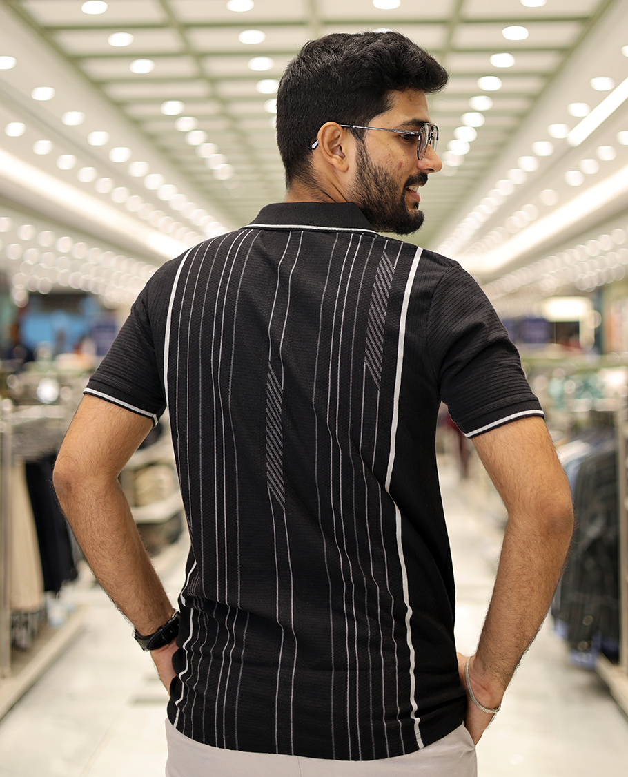 Black Striped Cotton-Blended T-Shirt Comes with Half-Sleeves, a Polo Neck, a Slim Fit, and Regular Length
