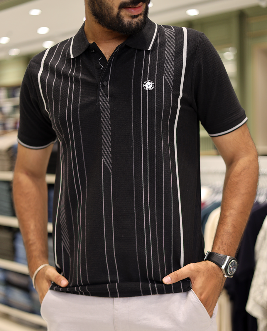 Black Striped Cotton-Blended T-Shirt Comes with Half-Sleeves, a Polo Neck, a Slim Fit, and Regular Length