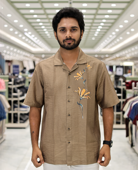 Brown Poly-Blended Causal Shirt, Comes with Floral Print, Half Sleeves, a Cuban Collar, a Boxy Fit, and Regular Length