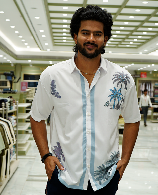 White Cotton-Blended Casual Shirt Features Coconut Tree Print, Full Sleeves, a Spread Collar, a Slim Fit, and a Regular Length