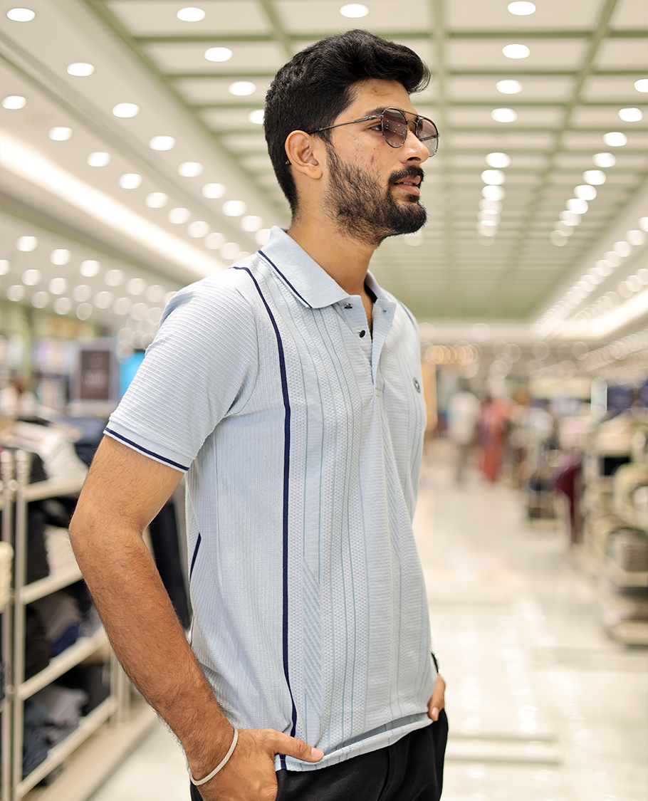 Light Blue Striped Cotton-Blended T-Shirt Comes with Half-Sleeves, a Polo Neck, a Slim Fit, and Regular Length
