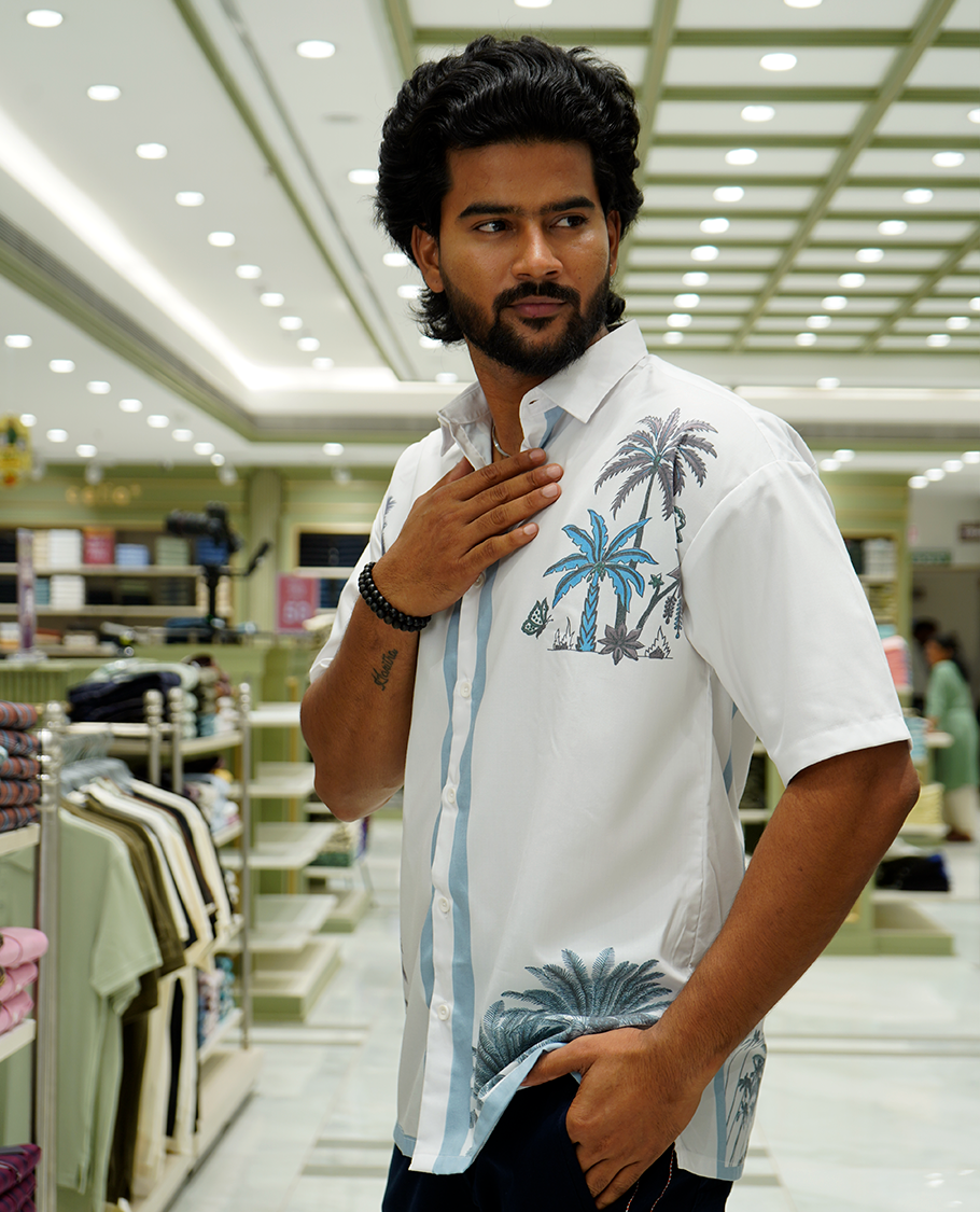 White Cotton-Blended Casual Shirt Features Coconut Tree Print, Full Sleeves, a Spread Collar, a Slim Fit, and a Regular Length
