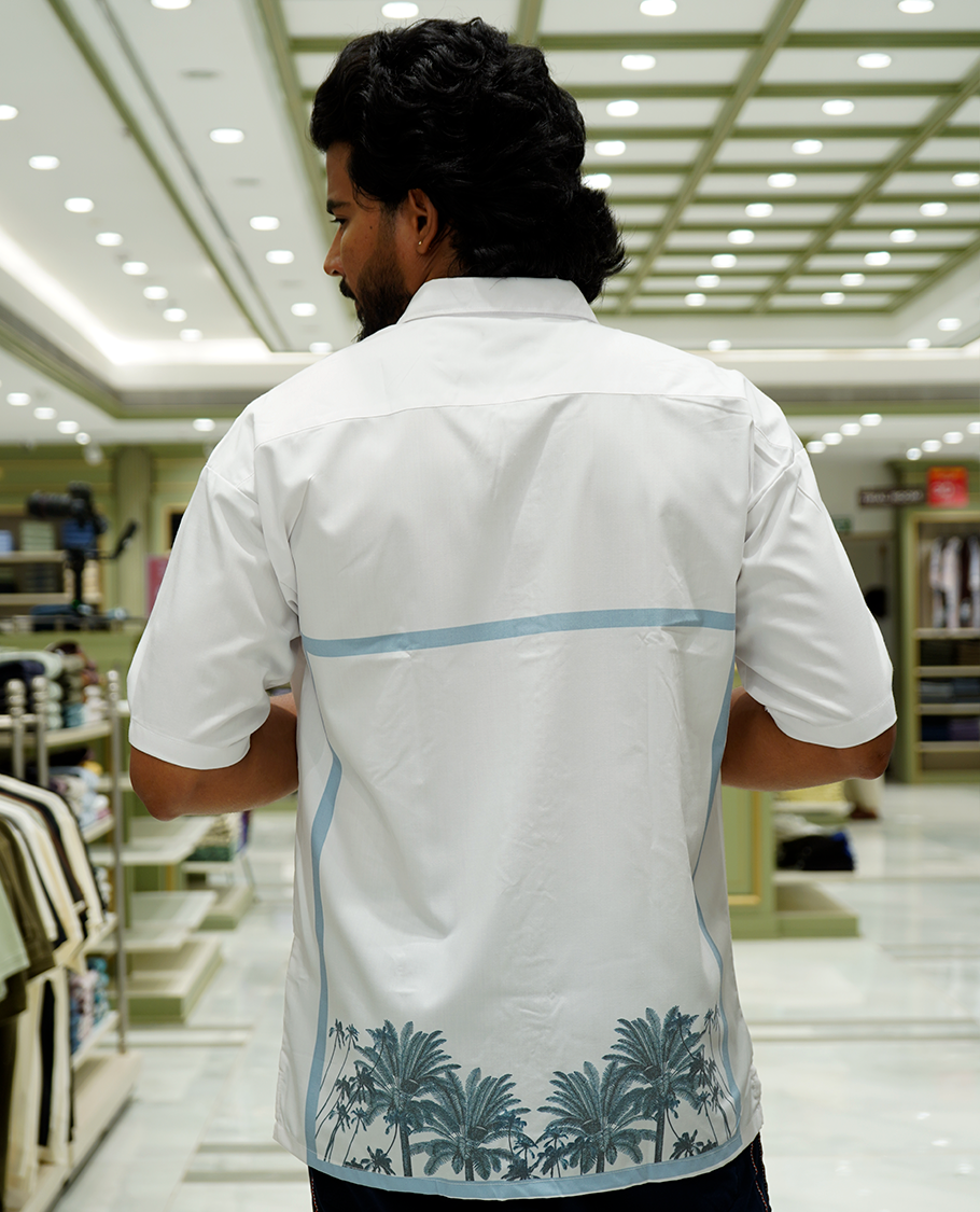 White Cotton-Blended Casual Shirt Features Coconut Tree Print, Full Sleeves, a Spread Collar, a Slim Fit, and a Regular Length