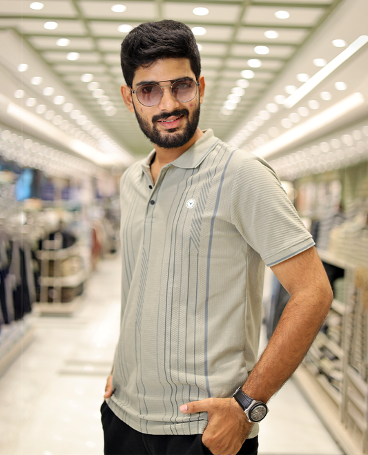 Green Striped Cotton-Blended T-Shirt Comes with Half-Sleeves, a Polo Neck, a Slim Fit, and Regular Length