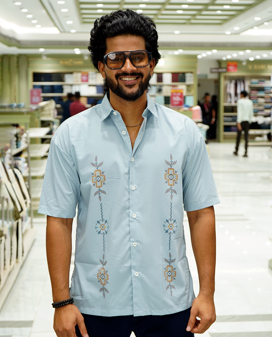Blue Cotton-Blended Casual Shirt Features Floral Striped Print, Full Sleeves, a Spread Collar, a Slim Fit, and a Regular Length