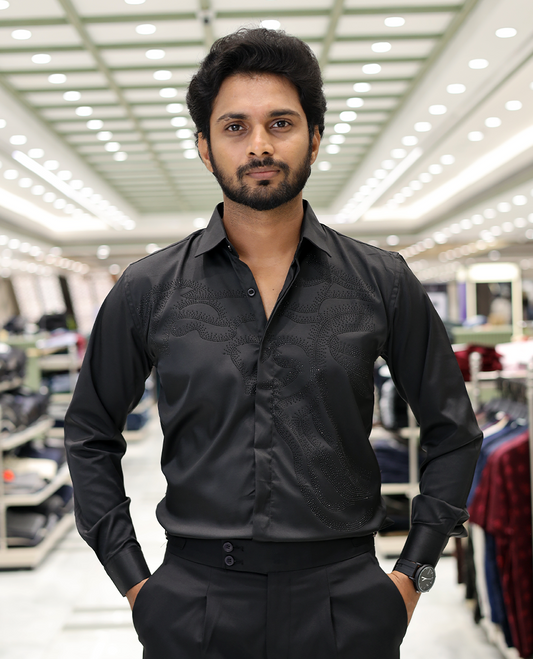 Black Poly-Blended Party Wear Shirt, Features Vines-Themed Stone Work, Full Sleeves, a Spread Collar, Slim Fit, and Regular Length 